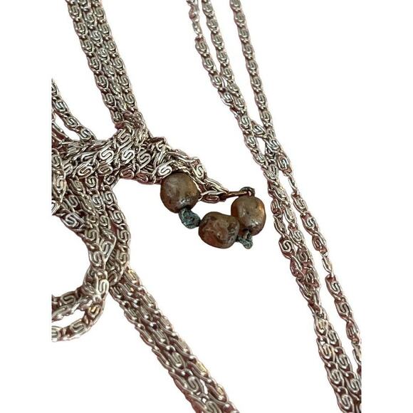 Vintage 55" Three Strand Beaded Necklace Silver Tone Chain Champagne Beads - Picture 10 of 13